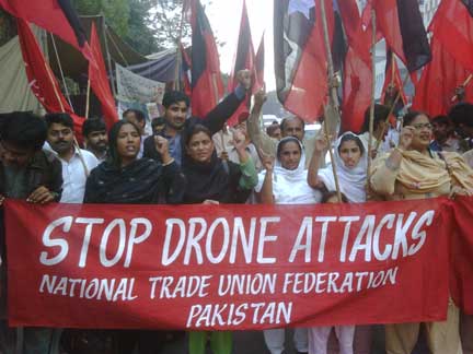 Members of the National Trade Union Federation of Pakistan demonstrate in Karachi against U.S. drones on January 23, 2010