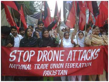 Members of the National Trade Union Federation of Pakistan demonstrate in Karachi against U.S. drones on January 23, 2010